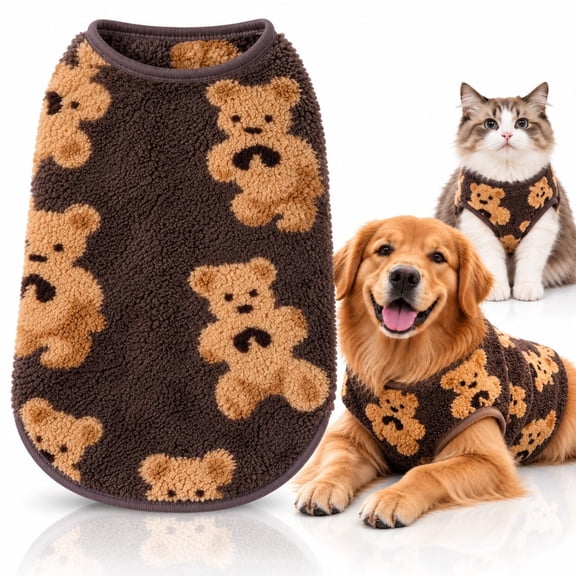 Cute Plush-Lined Pet Vest, Soft Bear Print Dog Vest, Sleeveless Pullover Pet Jacket for Small Dogs and Cats