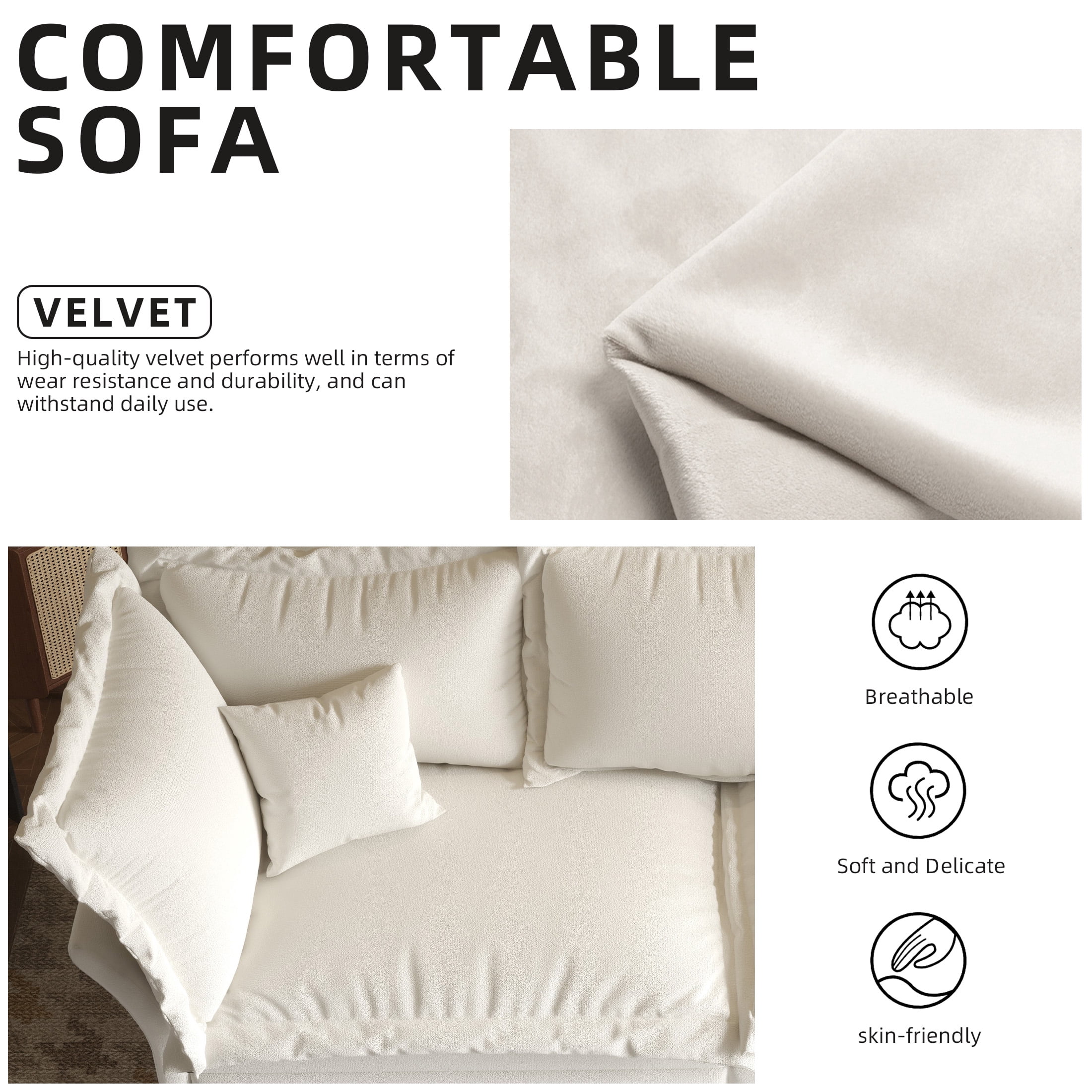 Aukfa 90.55" Overstuffed Sofa Cloud Couch, Convertible Deep Seat Chaise Longue with Large Pillows for Living Room, Beige