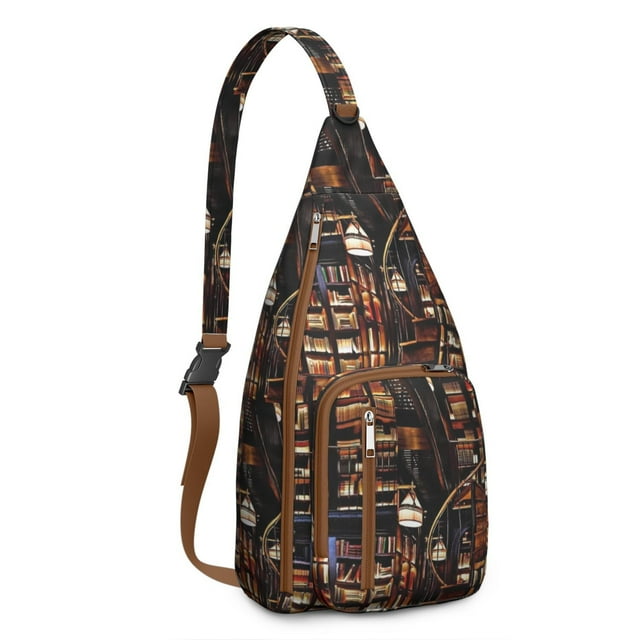 Born to Read Sling Backpack - Literary Bookcase Wall Design Shoulder Bag, Anti-Theft Multi-Pocket Pack for Book Enthusiasts