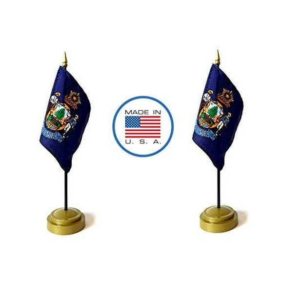 Made in The USA Flag Set. 2 Maine Rayon 4"x6" Miniature Office Desk & Little Hand Waving Table Flags Includes 2 Bronze Flag Stands & 2 Small Mini Maine Stick Flags