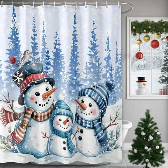 Christmas Winter Snowman Shower Curtain for Bathroom, Snowy Forest on Blue White Waterproof Shower Curtains Washable Quick Dry with Hooks Bathtub Curtains 72x72IN