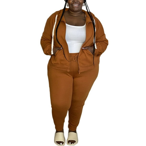 LUXUR Ladies Sweatsuit Plus Size Jogger Set Hoodie Two Piece Outfit Beam  Foot Tracksuit Sets Long Sleeve Hooded Sweatshirt And Sweatpant Brown 4XL 