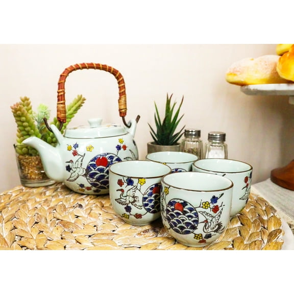 White Storks Cherry Blossom Red Moon Night Sky Ceramic Teapot And 4 Tea Cups Set