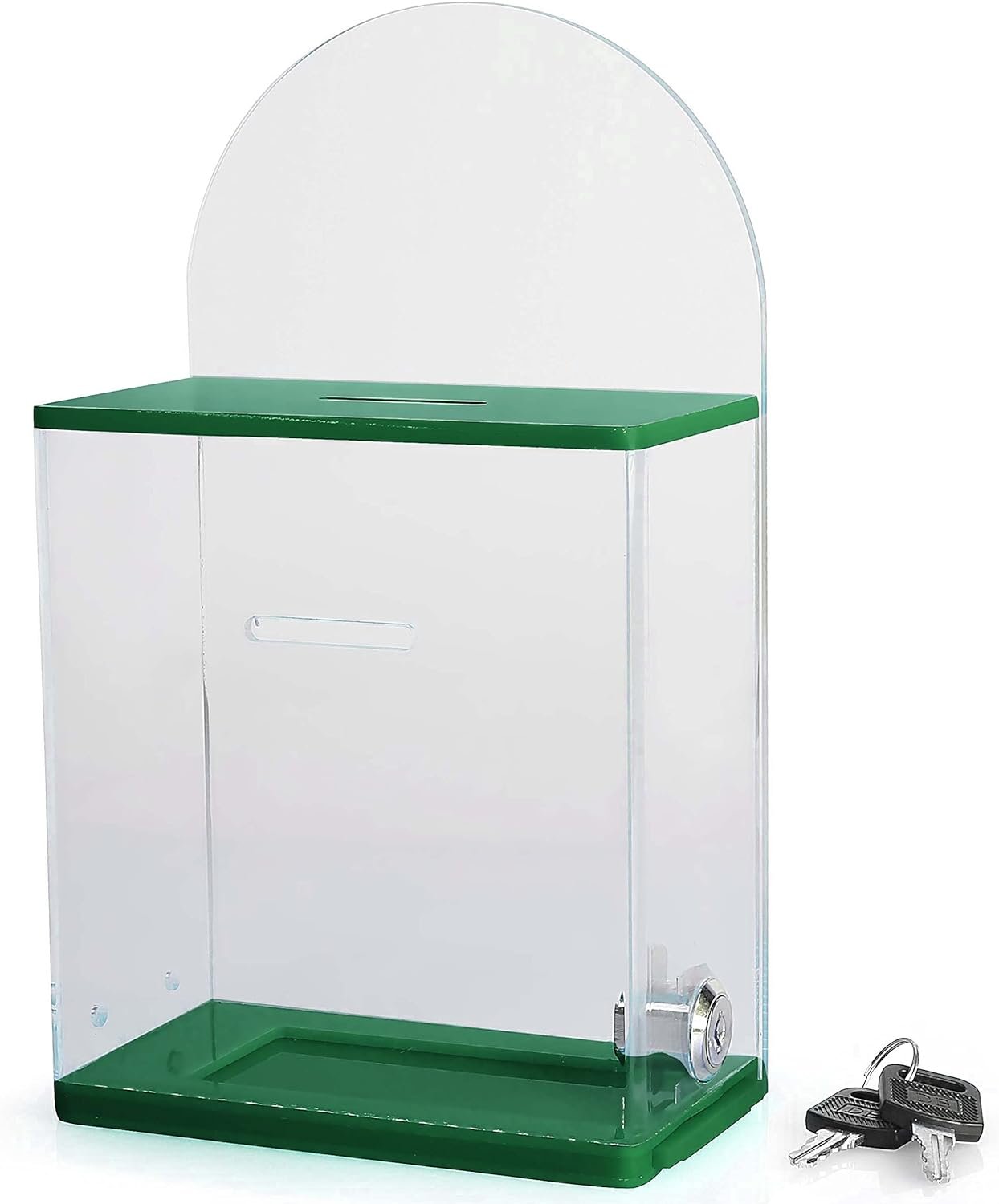 Acrylic Donation Suggestion collection Box Pre Drilled Holes For Wall mounted Or Retail Countertop Tip Box with round back wall display area 10 x 6 inches, Lock With set of keys Green
