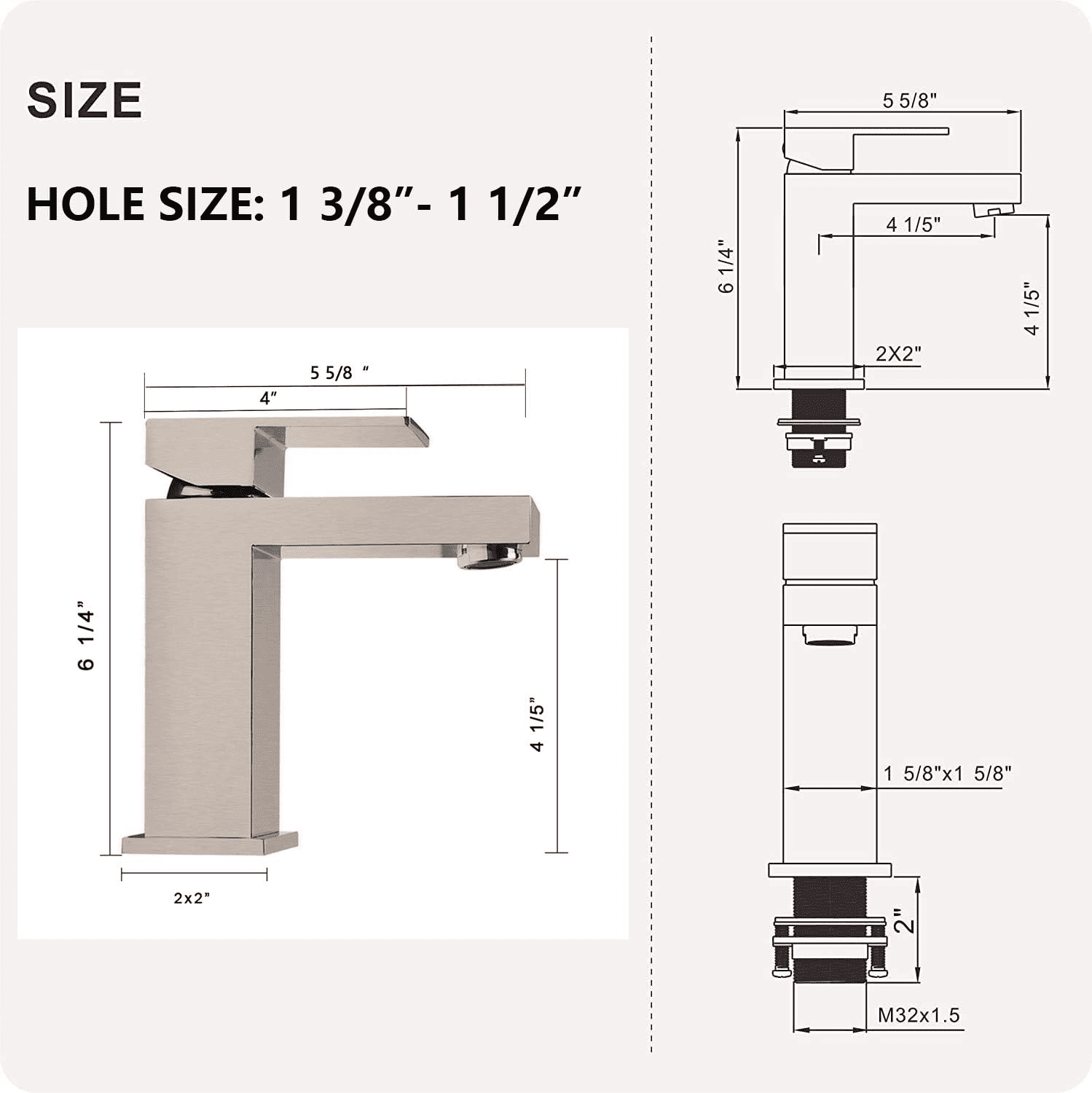 Single Handle Bathroom Faucet, Brushed Nickel Single Hole Bathroom Faucet, Solid Brass Modern Bathroom Sink Faucet Vanity Square Bathroom Faucet with Pop-up Drain & Overflow & Water Supply Hoses