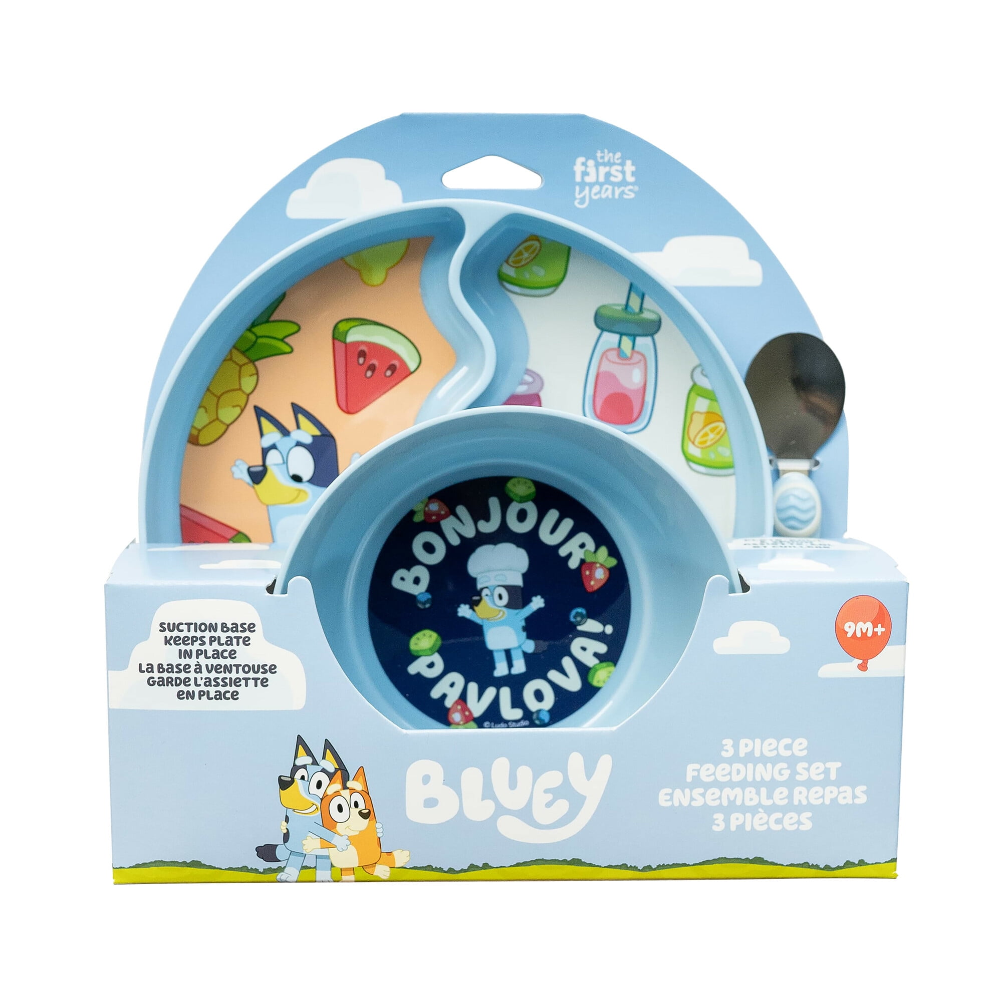 (4 pack) Bluey 3-Piece Mealtime Set with Divided Suction Plate, Bowl and Spoon – 9m+