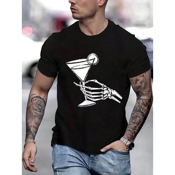 100 Cotton Graphic Tees Skull Hand And Martini Glass Cool Skull Goth Gothic T-Shirt Crew Neck Short Sleeve T-Shirt, Casual Print Graphic Cotton Tees Men Tops