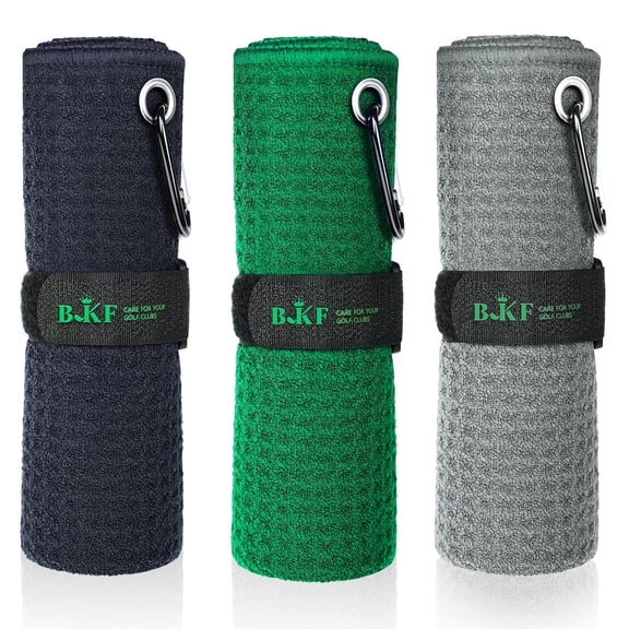 BKF Premium 3-Pack Golf Towel Set for Golf Bags (16"x16") with Carabiner Clip, Waffle Pattern Golf Towel Hook and Loop Fastener Golf Accessories & Gifts(G)