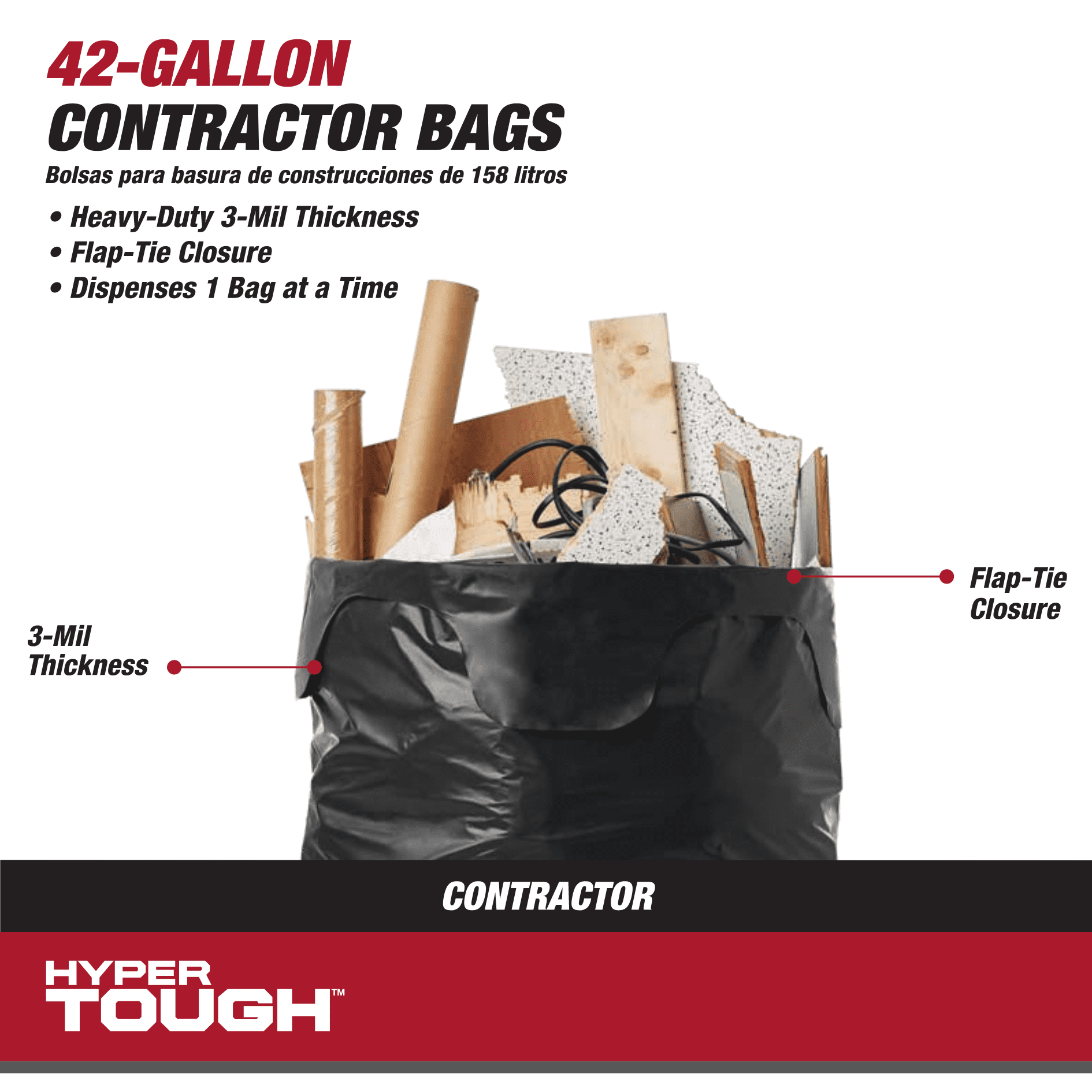 Hyper Tough Contractor Cleanup Bags Trash Bags, 45 Gallon Capacity