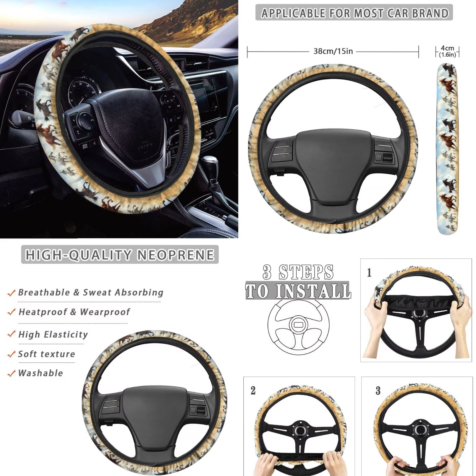FKELYI American Tribal Horse Print 16 Pcs Car Seat Covers with Steering Wheel Cover Seatbelt Pads Headrest Protector Universal Fit Armrest Pad Handbrake Cover Gear Shift Cover Cup Coasters