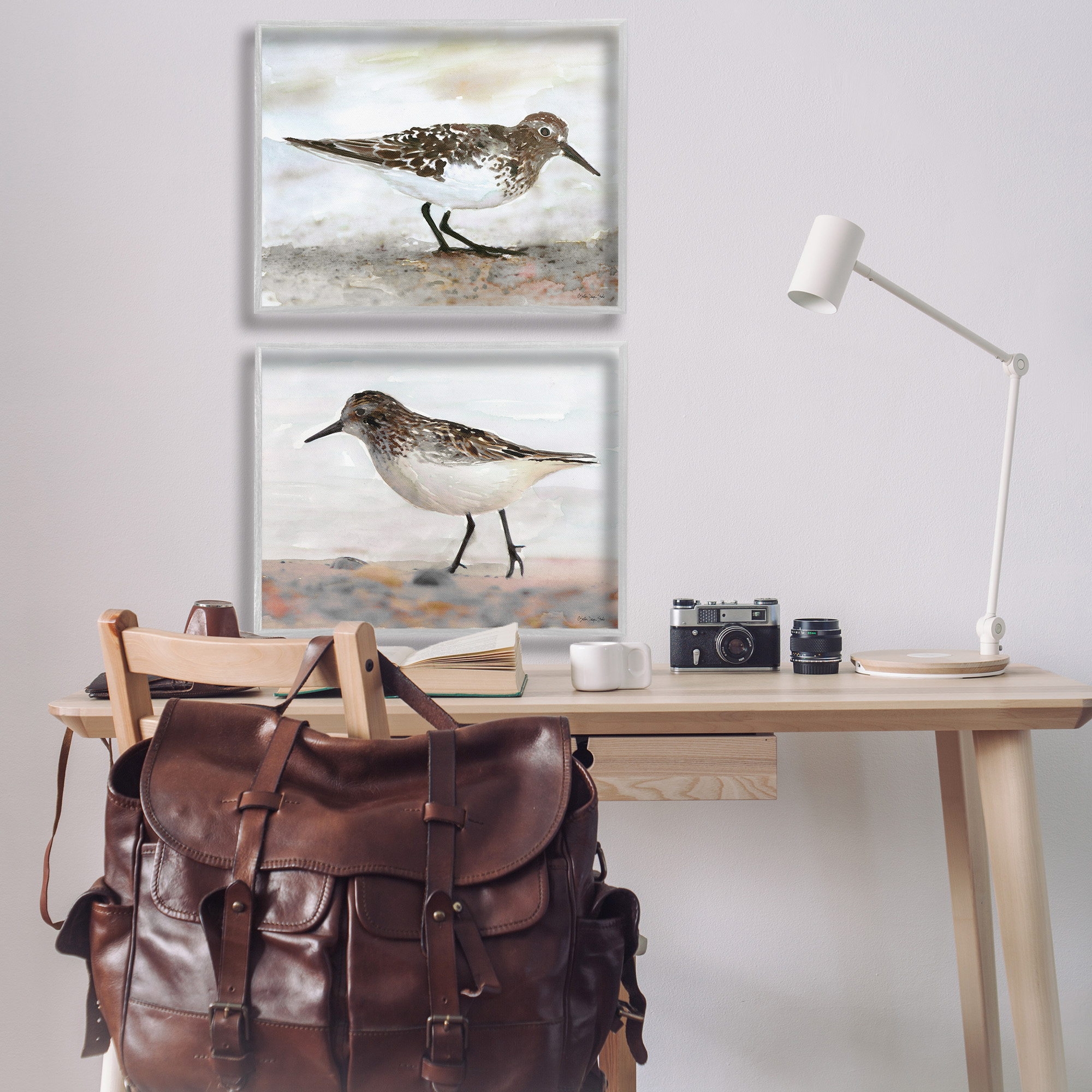 Stupell Industries Sandpipers on Coast Nautical Beach Animals & Insects Painting Gray Framed Art Print Wall Art, 30 x 24, Set of 2