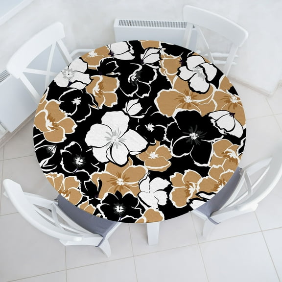Ambesonne Floral Fitted Round Tablecloth, Flowers Retro Nature Plot, 45"- 56" Diameter, Dark Mustard White