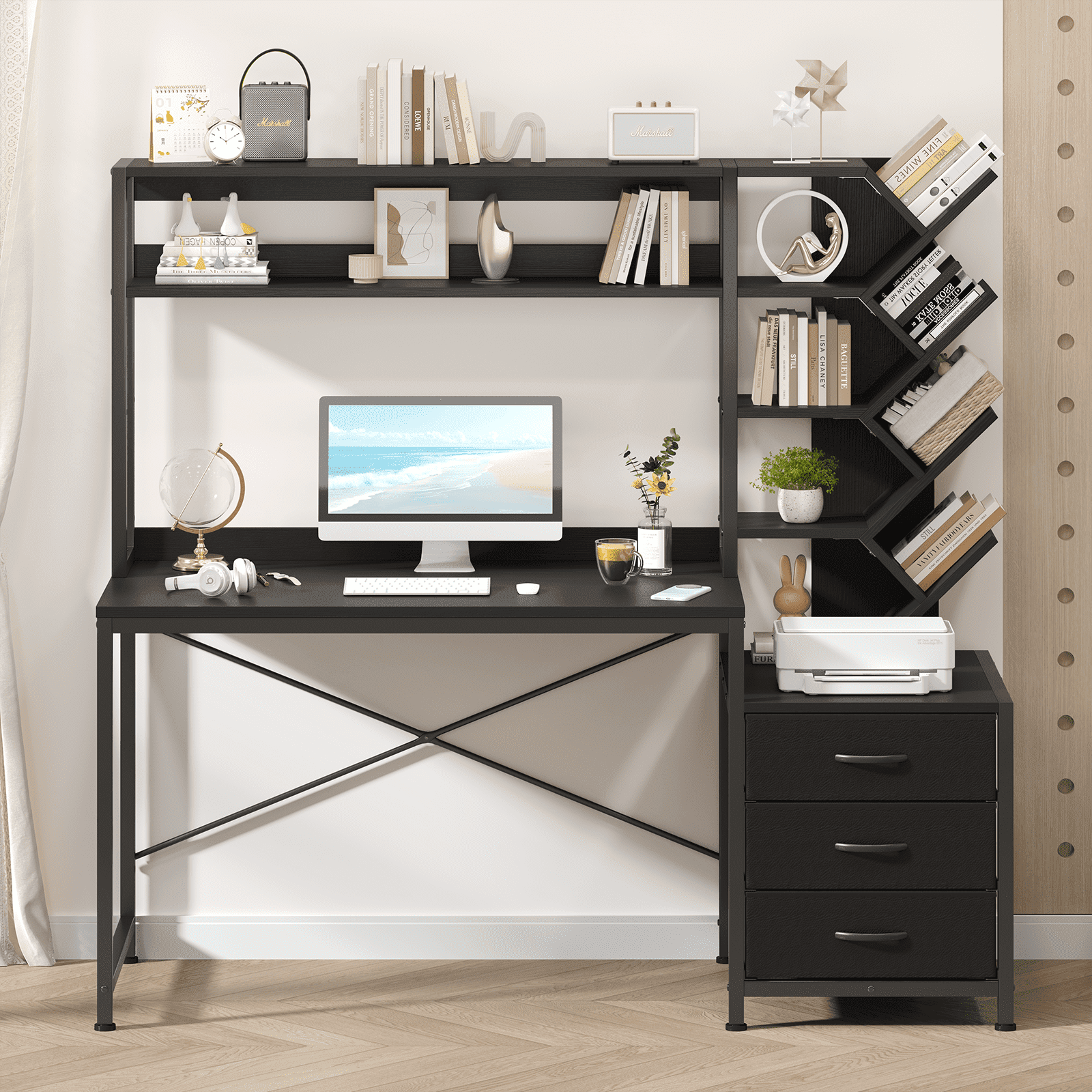 Reversible Computer Desk with Hutch, Home Office Desk with Drawers and Bookshelf, 52'' Study Writing Desk with Storage Shelves for Bedroom Home Office, Black