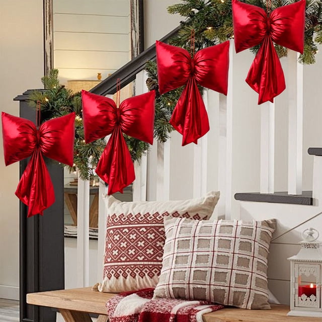 Uklsqma Nœud en Velours de Noël 35 cm Grande Décoration Suspendue / Nœuds de Fête Rouges Verts Beige en Polyester / Déco de Sapin de Noël Arche de Mariage Dossier de Chaise Emballage Cadeau Accent