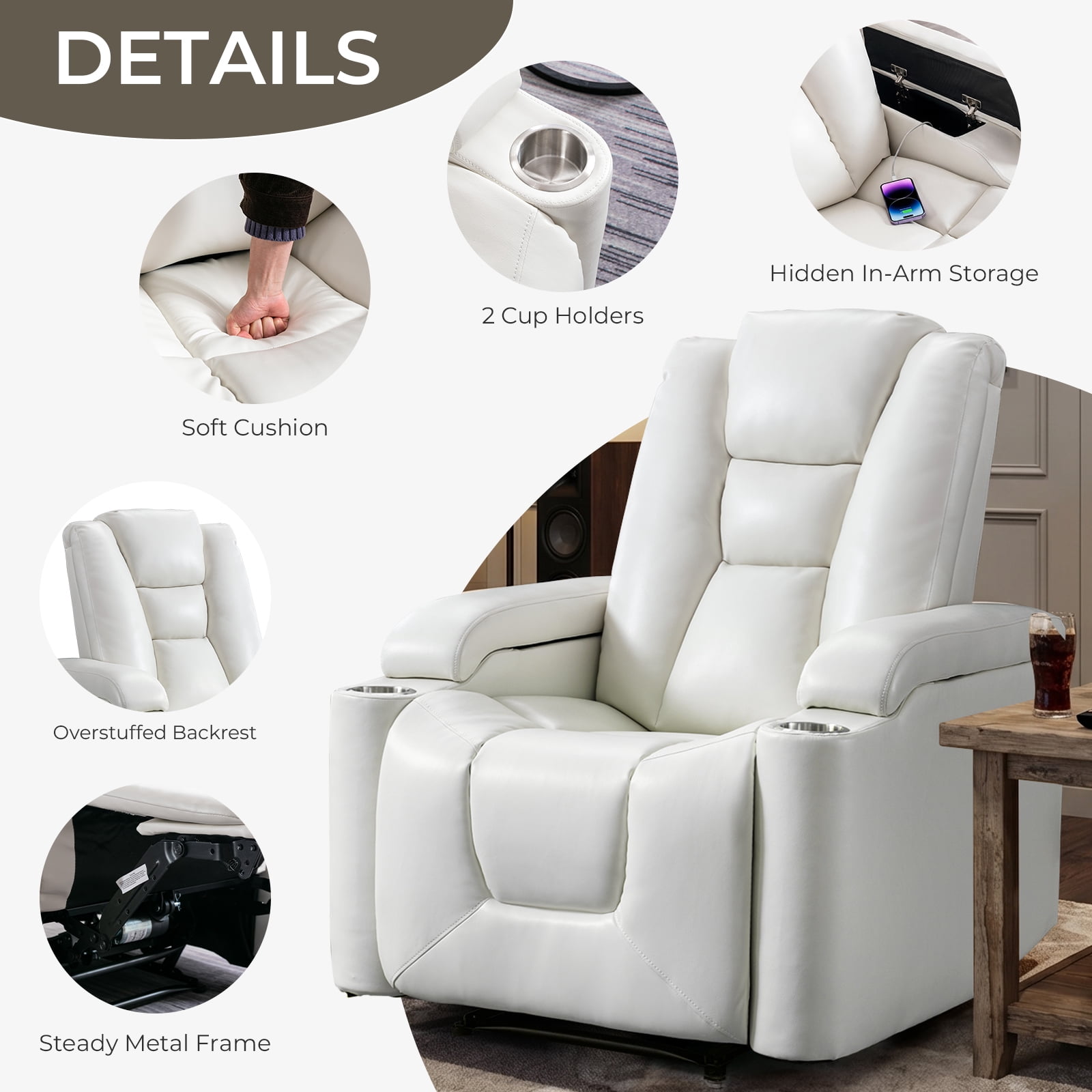 Bonzy Home Electric Power Recliner Chair, PU Leather Home Theater Seating Reclining Chairs with Cup Holders, USB Port, Adjustable Backrest & Hidden Arm Storage, White