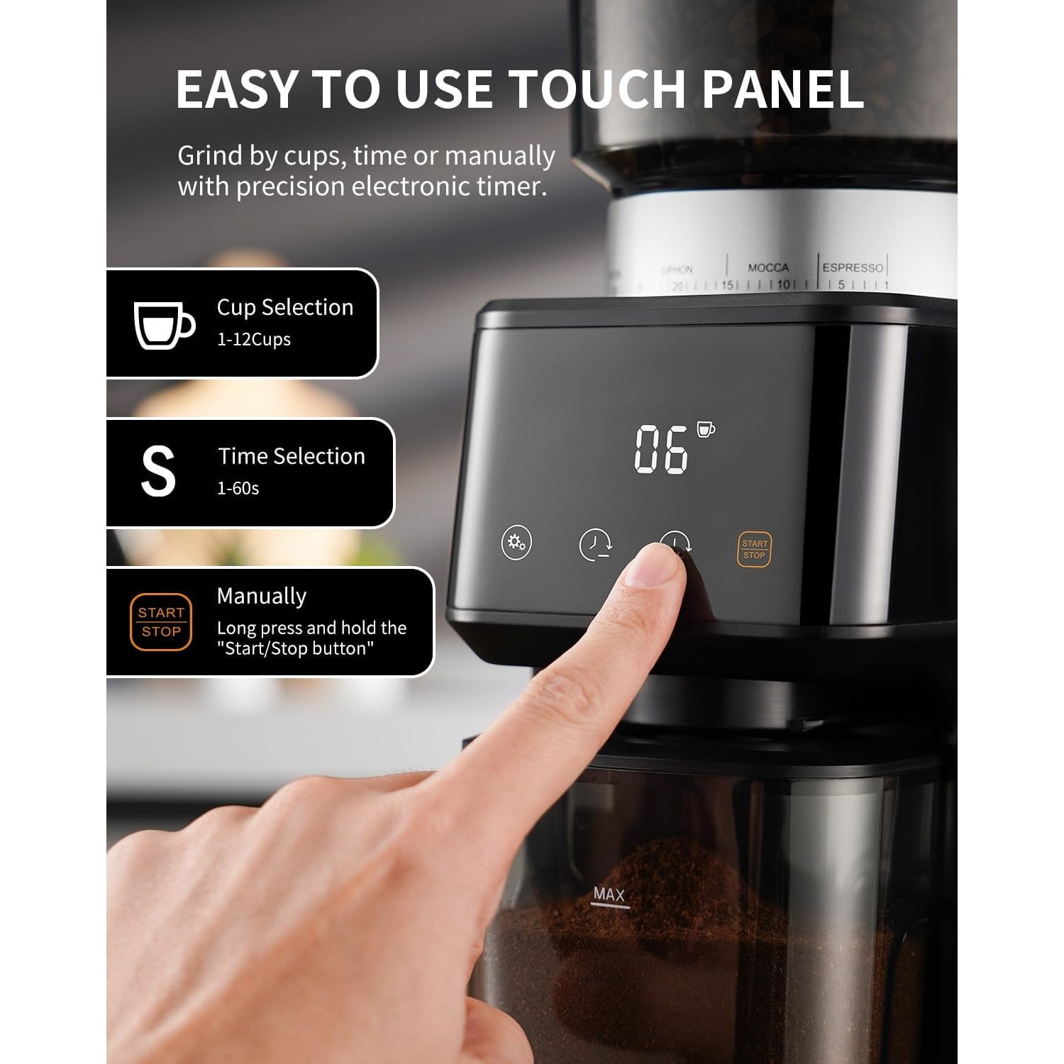 Conical Burr Espresso Coffee Grinder Electric with Precision Timer 2.0, Touchscreen Adjustable Burr Mill with 51 Precise Settings for Home Use, Anti-static, Stainless Steel