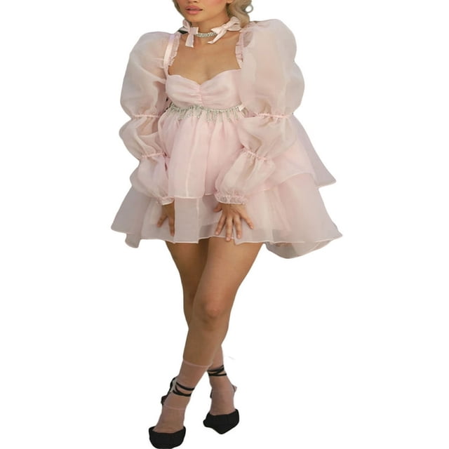 Women Princess Long Sleeve Puff Dress Mesh Ruffle Square Collar A Line Loose Tulle Mini Dress