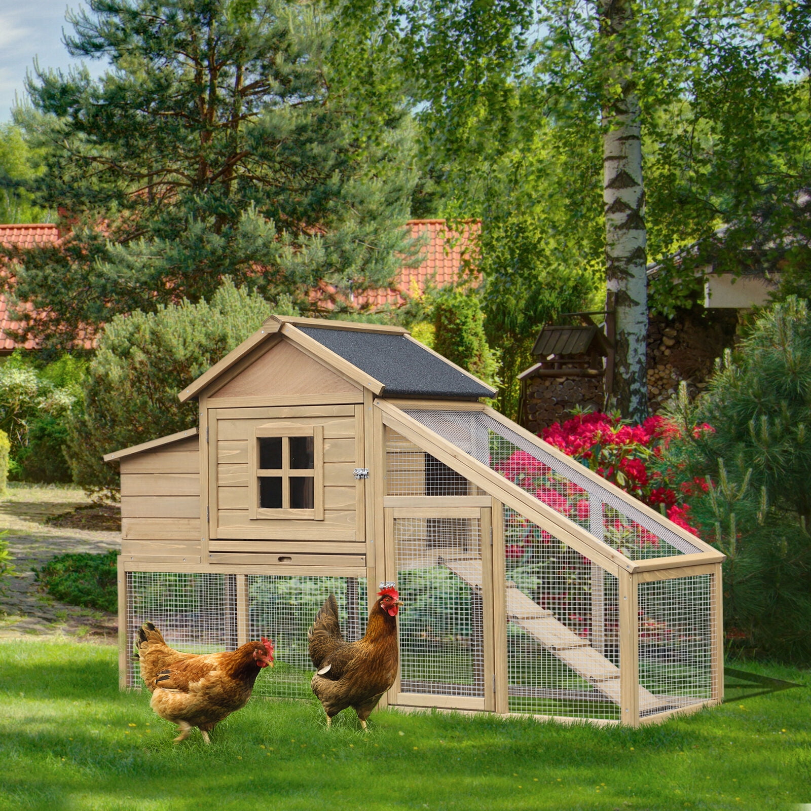 Dog Crate, PawHut 69" Wooden Chicken Coop, Poultry Cage Hen House with Connecting Ramp, Removable Tray, Ventilated Window and Nesting Box, Natural, Natural Pet Playpen,Wood Chicken Coop