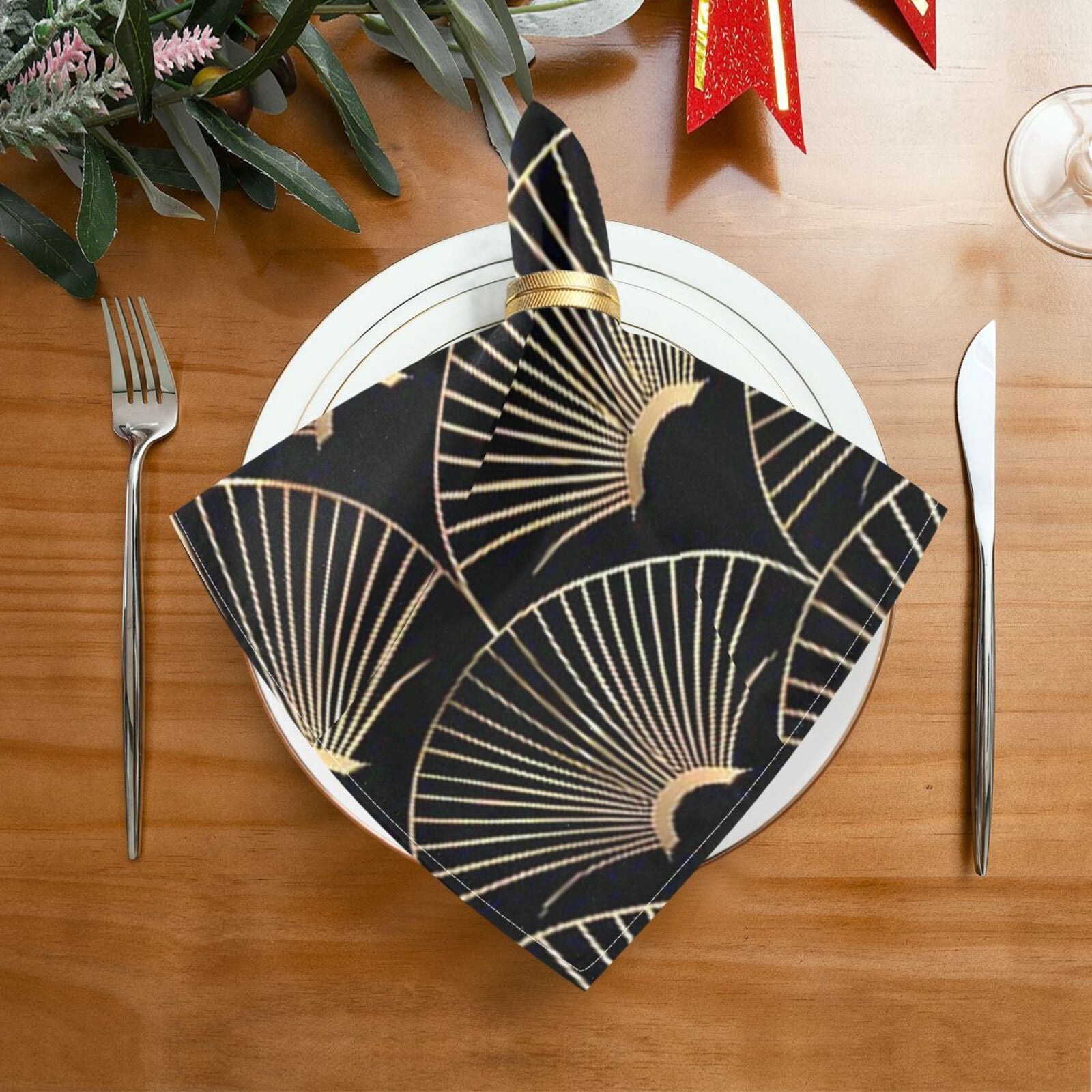 JSTEL Japanese Golden Fan Cloth Napkins Set of 6, 20x20 Inch Washable and Reusable Napkin for Decoupage Dinner Party Everyday Use