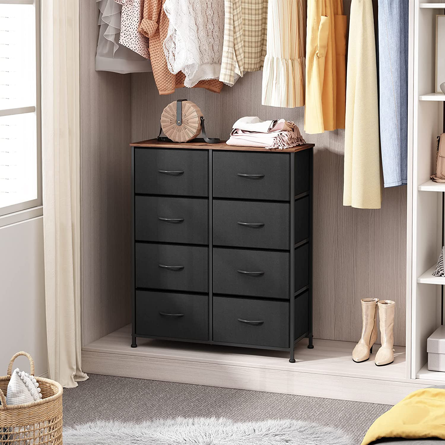Closets Wood Top Metal Frame Easy Pull Handle Storage Chest for Bedroom Entryway Charcoal Black Nursery Textured Print Drawers Hallway WLIVE Fabric Dresser with 8 Drawers