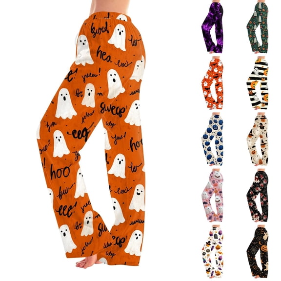 Evdexr Women's Halloween Pajamas 2026 Bat Jack O Lantern Ghost Graphic Pajama Pants Wide Leg Palazzo Drawstring Pants Lounge Sleep High Waist Trousers L