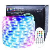LED Rope Lights 50ft / 15m RGB Dimmable Strip Lighting Kit, Flexible 450 LED, 110V, Waterproof, Male and Female connectors, Power Plug Built-in Fuse Design, RF Controller…