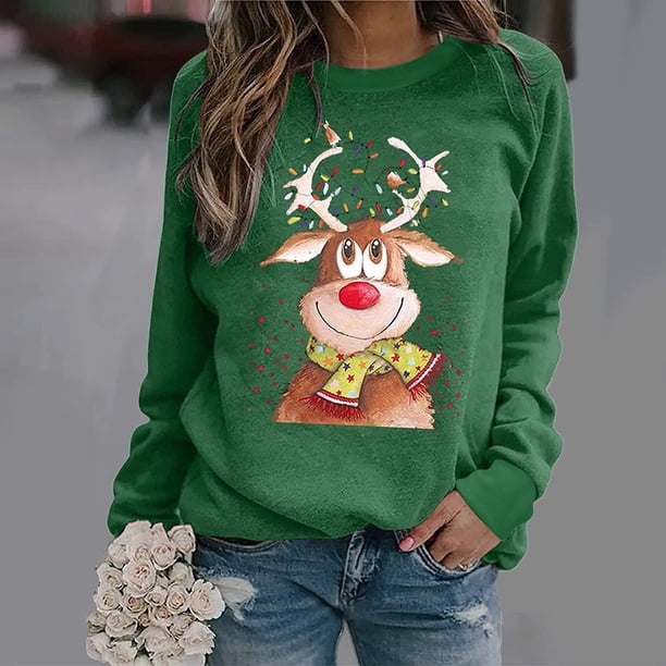 Pntutb - Sudadera de manga larga con estampado de Navidad y cuello redondo para mujer, blusa informal, tops Pntutb Pntutb-818
