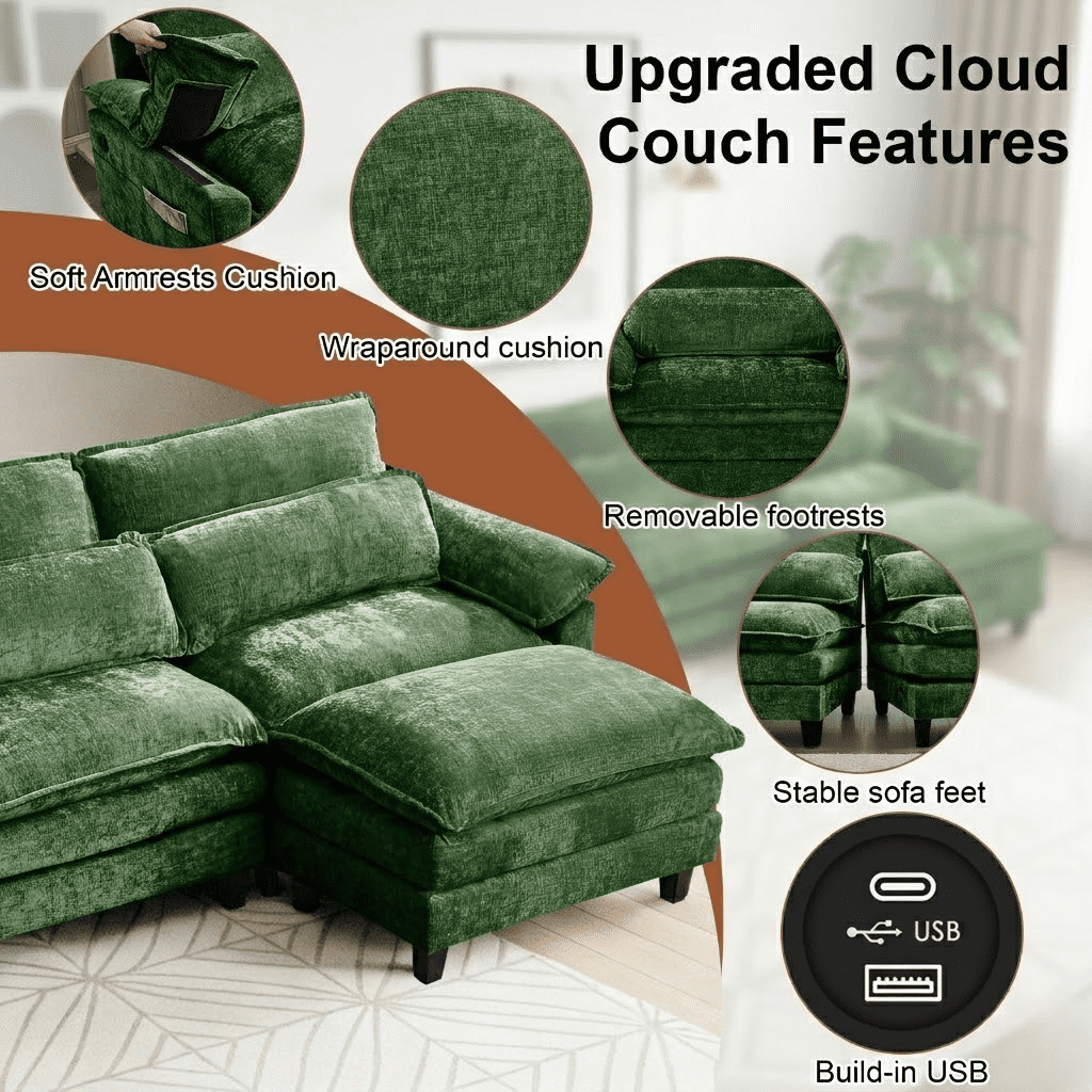 Howcool 148" Modular Sectional Sofa , 4 Seater L-Shaped Cloud Couch with Movable Ottoman, USB Charging Ports & Side Pockets, Sectional couchs for Living Room,Chenille Fabric,Green