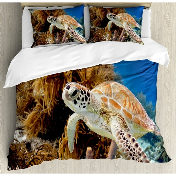 Turtle Duvet Cover Set, Coral Reef and Sea Turtle Close up Photo Bonaire Island Waters Maritime, Decorative 3 Piece Bedding Set with 2 Pillow Shams, Queen Size, Pale Coffee Brown Blue, by Ambesonne