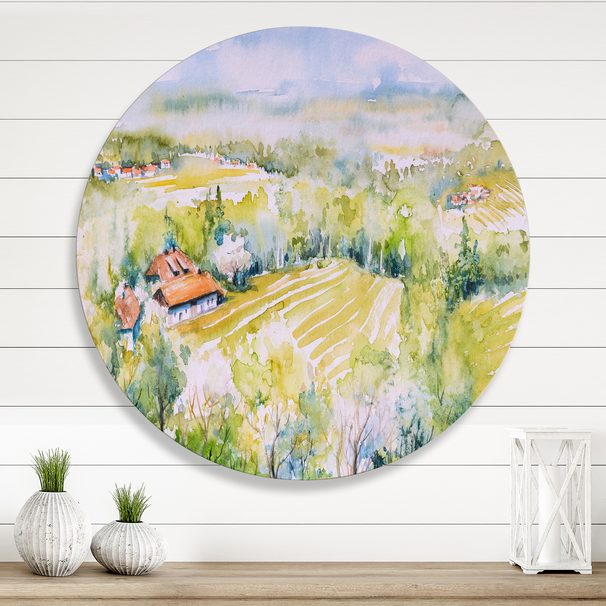 Designart 'Abstract Blossoming Green Fields In Countryside ' Country Circle Metal Wall Art 11x11 - Disc of 11