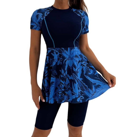 Wovix Women Split Two-Piece Swimsuit Breathable Mesh Short Sleeve Oversized Floral Print Swim Dress with Boyshorts Modest Bathing Suit