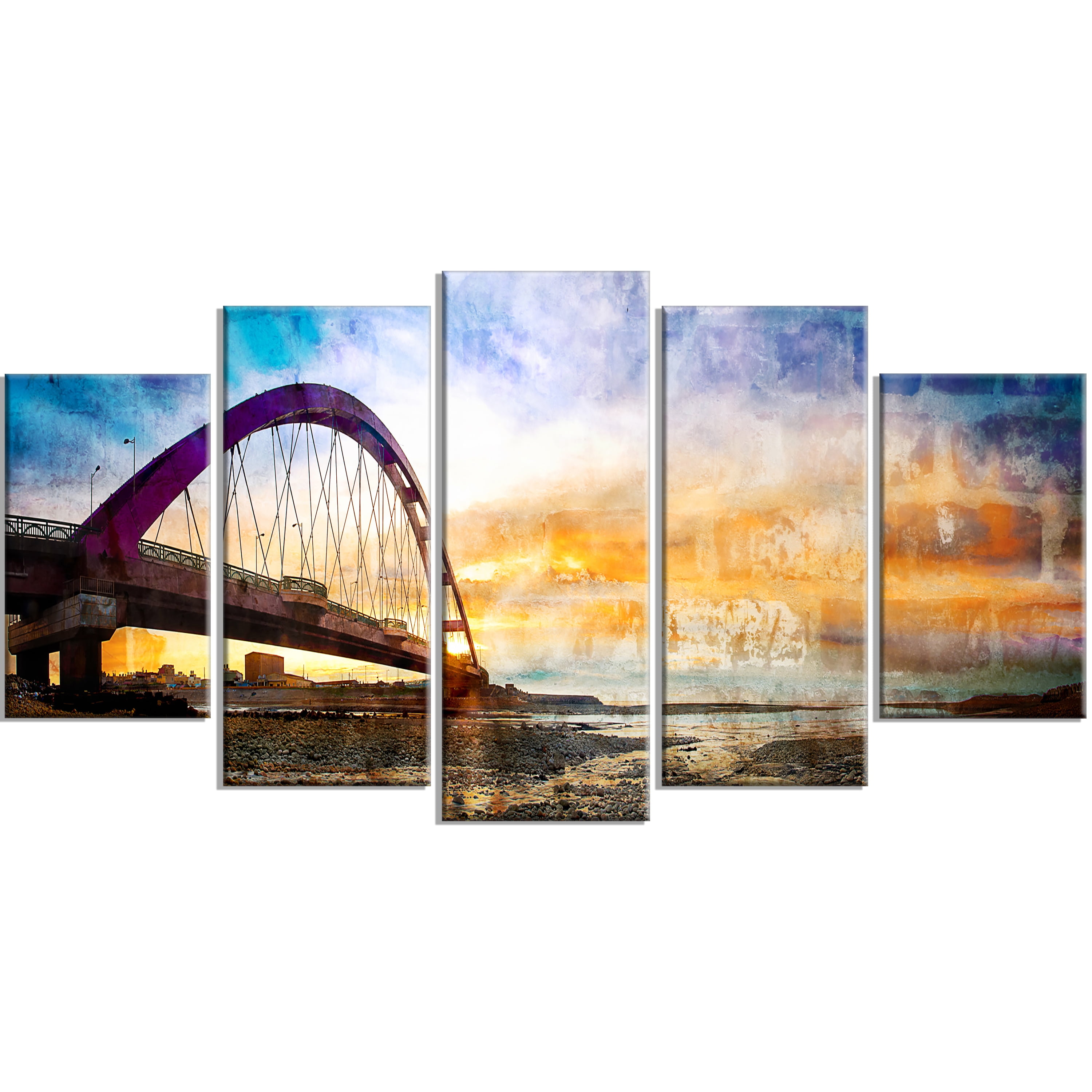Design Art Color Red Bridge Sunset Taiwan 5 Piece Wall On Wrapped Canvas Set