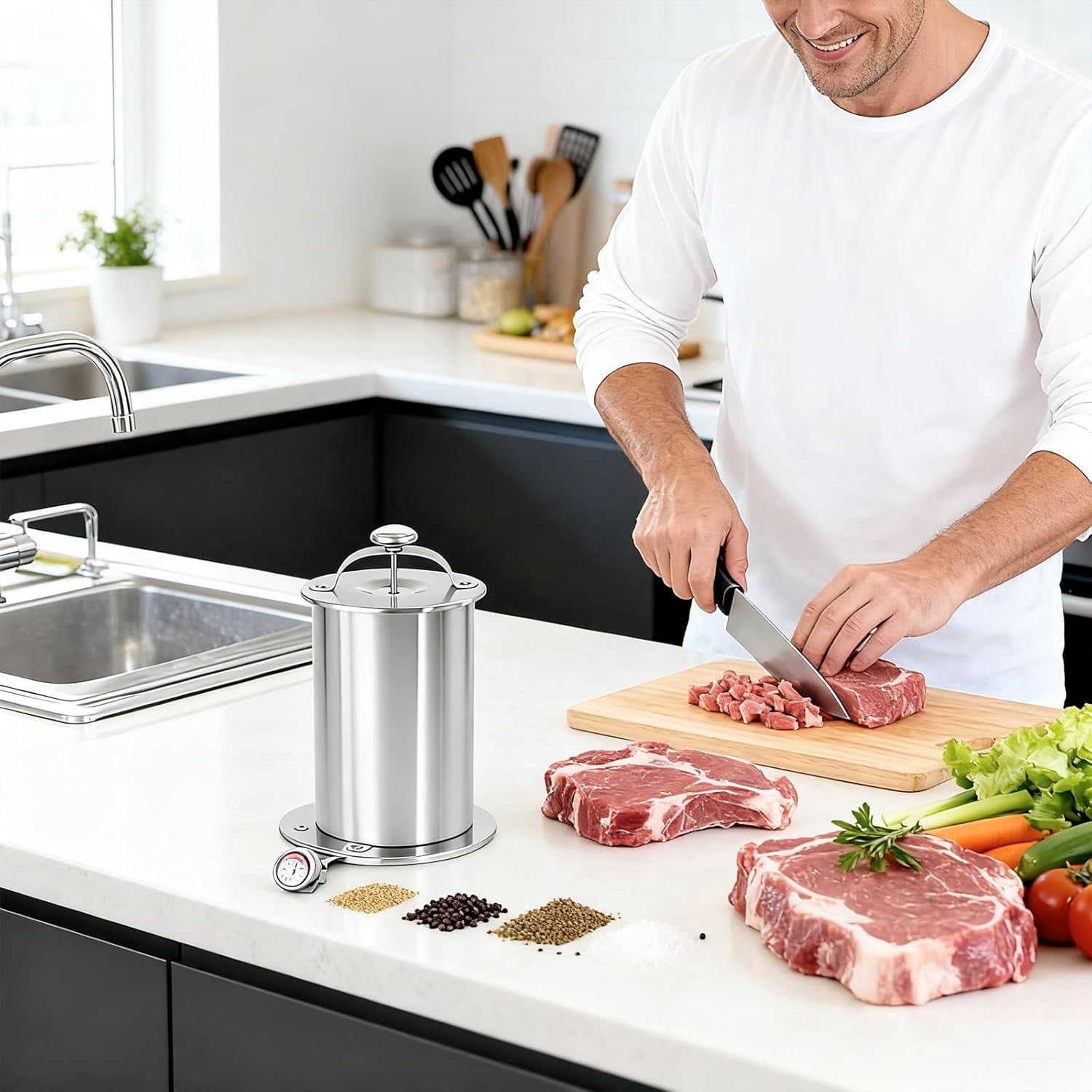 2026 Upgrade Stainless Steel Deli Meat Press with Thermometer Spring, Meat Press Mold for Deli Meats Homemade Ham Maker Lunch Meats Presss for Healthy Home Cooking (Fixed Handle)