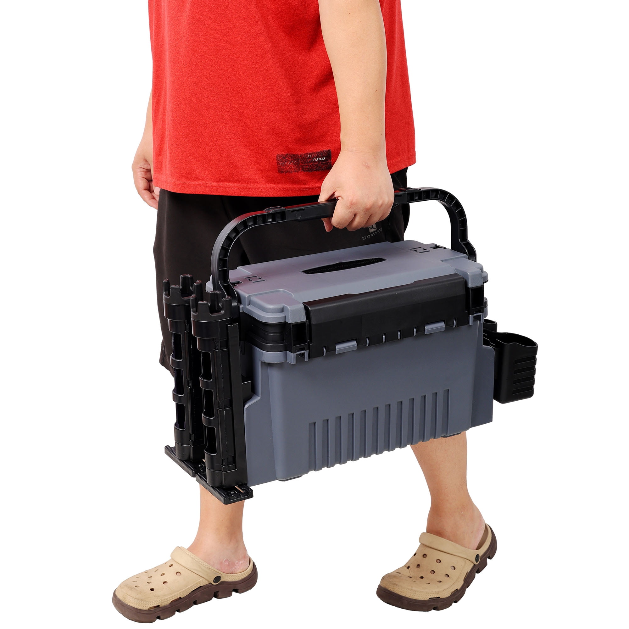Dual-layer Fishing Tackle Box,Tackle Box Organizer Fishing Box Large,With 2pcs Rod Holder,2pcs Cup Holder,1pc Carring Strap, Gray