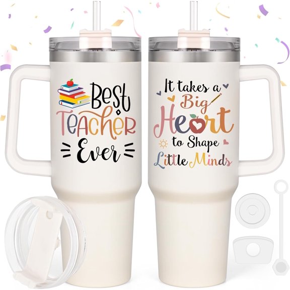 Teacher Gifts - 40 Oz Cute Tumbler Cup for Christmas, Daycare & Preschool Teacher Appreciation (Cream)