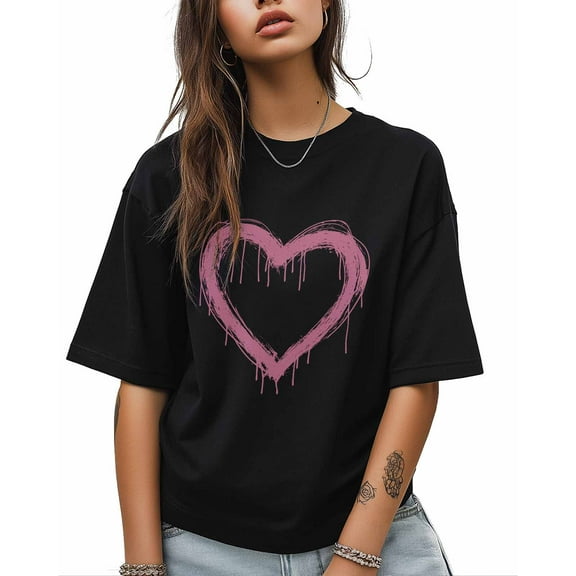 T Shirts for Women Short Sleeve Cotton Crewneck T-Shirt, Graffiti Pink Hearts Tee Tops Casual Basic T-Shirts, XS-5XL Black XXL