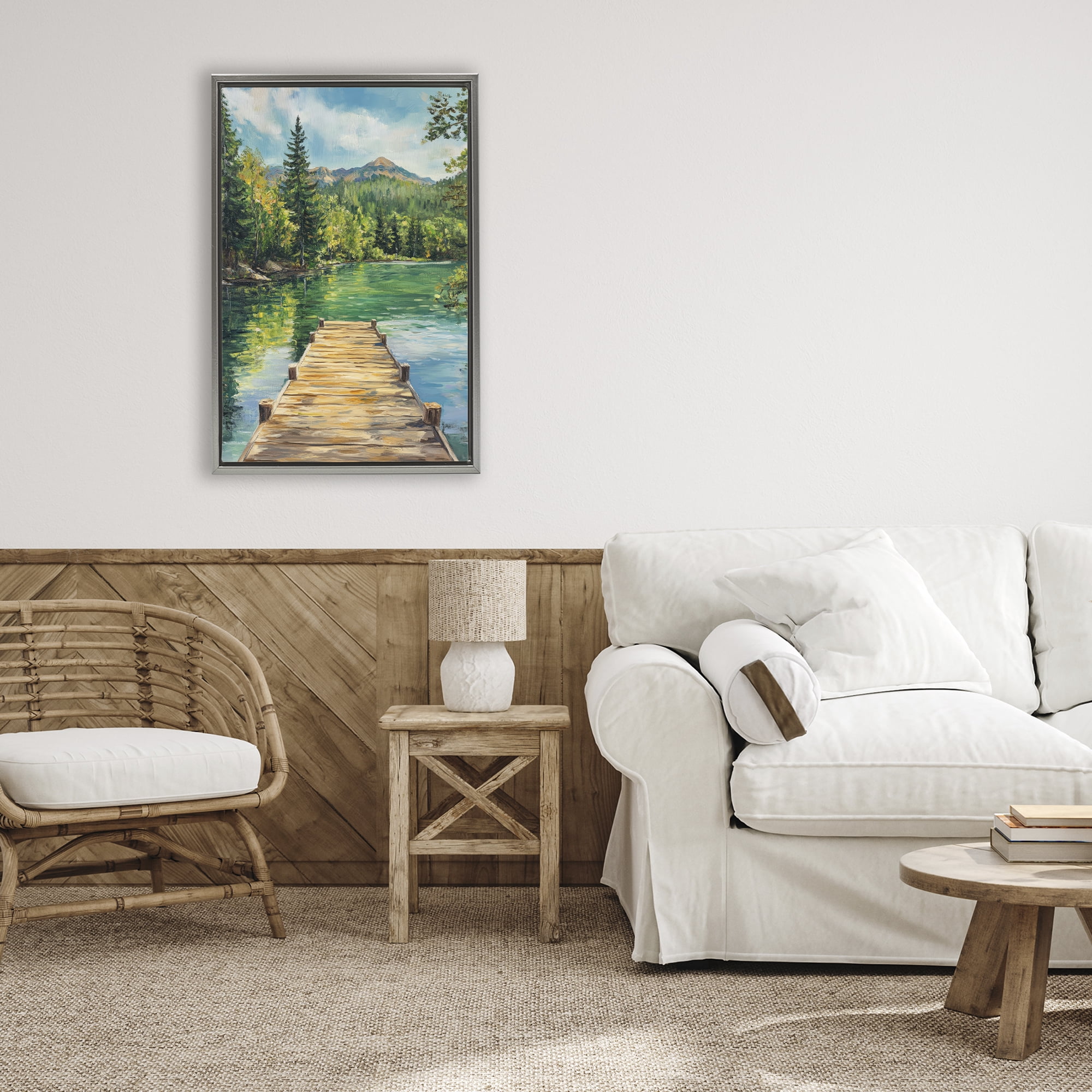 Stupell Industries Sunlit River Dock Gray Framed Floater Canvas Wall Art, design by Petal Prints Design