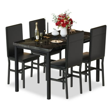 AWQM 5-Peice Dining Table Set, Faux Marble Dining Room Table and Chairs Set, Rectangle Kitchen Table Set with Durable Metal Frame and Upholstered Chairs, for Dining Room, Kitchen, Black
