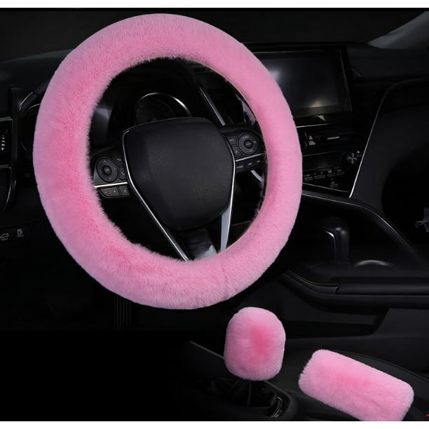 Juego de 2 fundas de volante de felpa con funda de palanca de cambios suave, cálida y antideslizante: decoración de coche para mujeres y niñas.