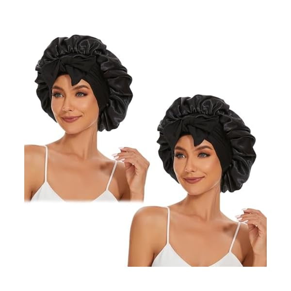 wonima11 Satin Silk Bonnet Hair Beanies for Sleeping Jumbo Sleep Cap, Black Wrap for Women Curly Hair, Double Layer Bonnet with Tie Band