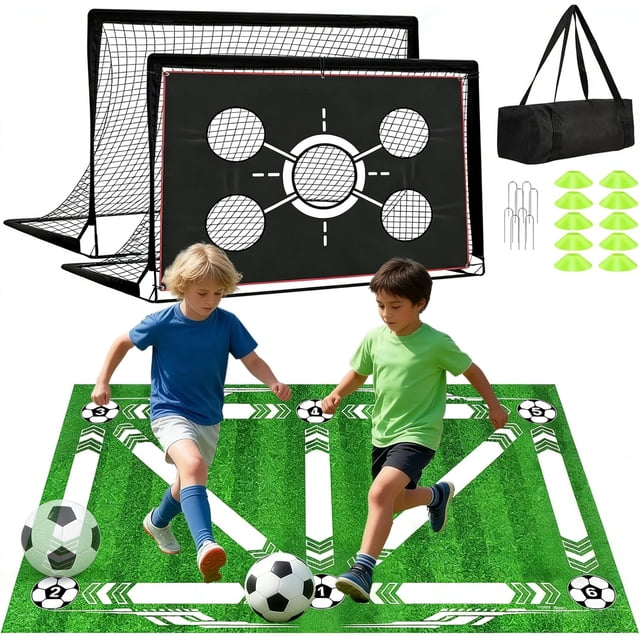 Wumubs Set de 2 Porterías de Fútbol para Niños de 7x5 Pies, Equipo de Entrenamiento con Pelota y Objetivos, Red de Fútbol para Niños de 3 a 12 Años, Juegos Deportivos al Aire Libre 210 * 150 * 150cm