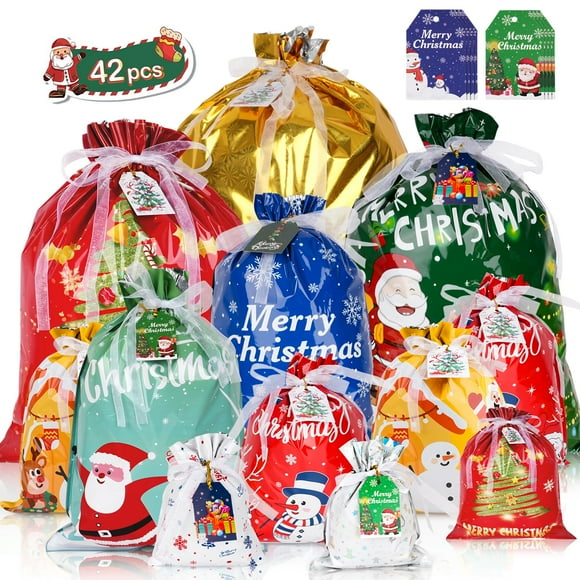 Bolsas de Regalo Navideñas con Cordón Aottom 42 Piezas con Etiquetas y Cinta