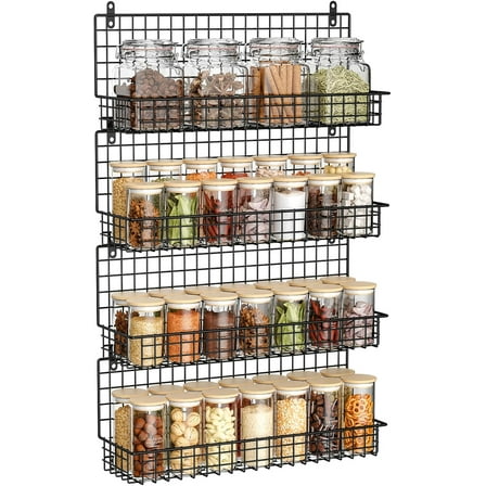 X-cosrack Spice Rack Organizer Wall Mounted 4 Tier Stackable Black Wire Hanging Spice Rack Storage Rack, Great for Kitchen and Food Storage Room Storing Spices Household Supplies