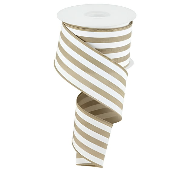 2.5" X 10yd Vertical Stripe Ribbon Wired Edge-Beige and WhiteR24840-01