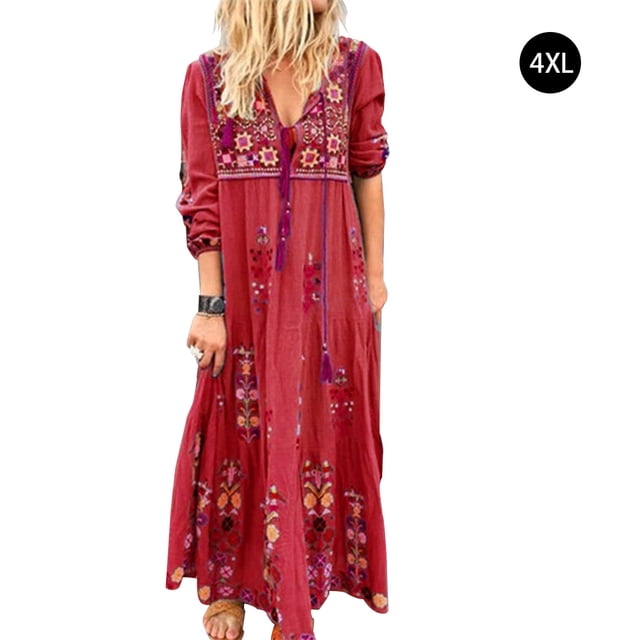 Vestido largo con estampado floral bohemio Cuello en V Cordón con cordones Ropa de manga larga Yuarrent AP000133-15B