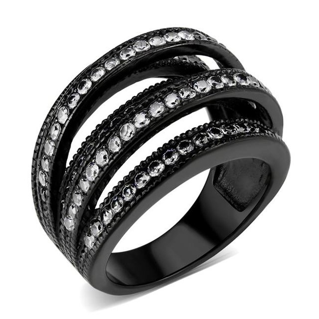 IP Black Stainless Steel Ring with AAA Grade CZ, Clear - Size 6