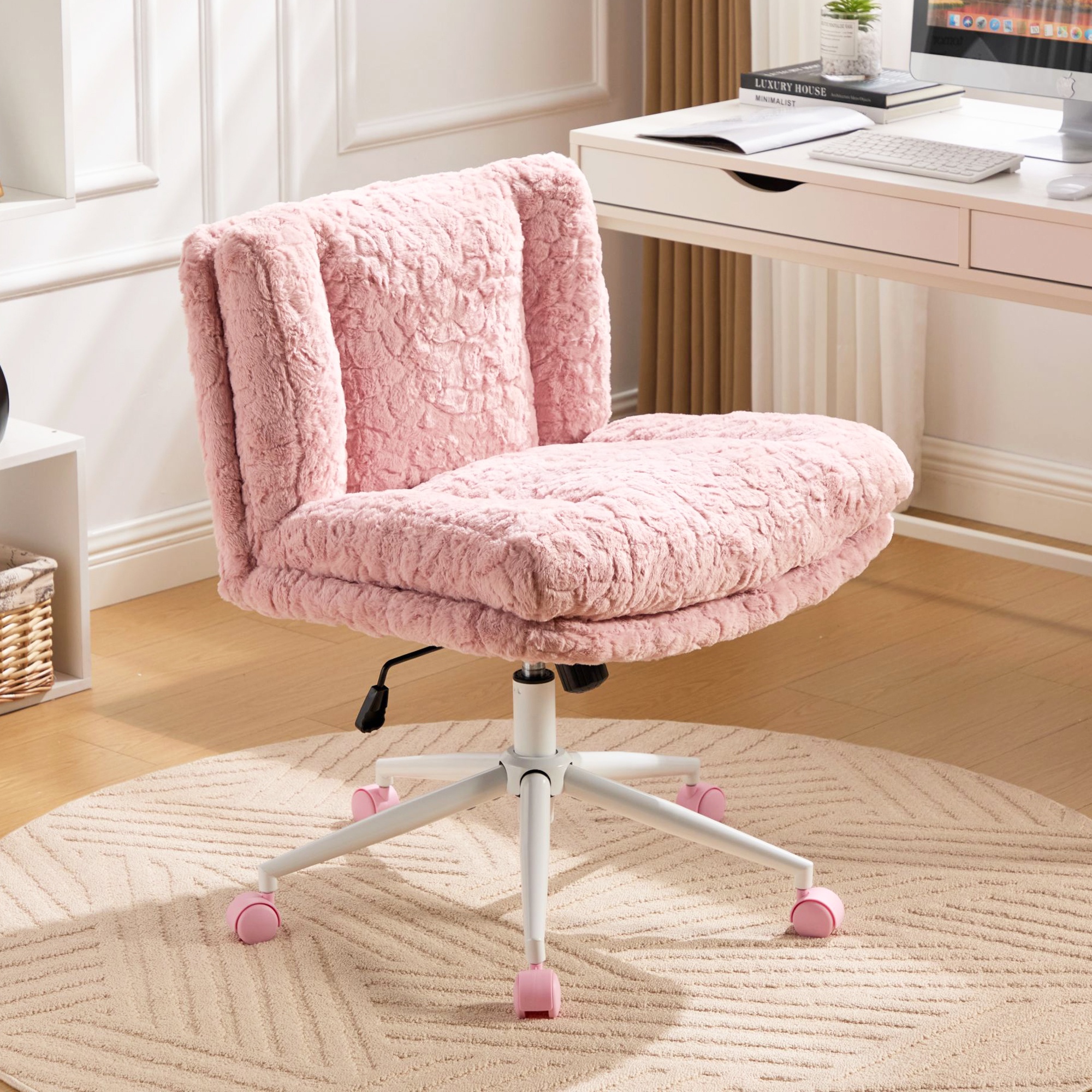 PORKISS Vanity Chair Makeup Chair, Home Office Chair, Ergonomic Desk Chair with Soft Faux Alpaca, Adjustable Swivel Task Computer Chair with Wheels, Pink