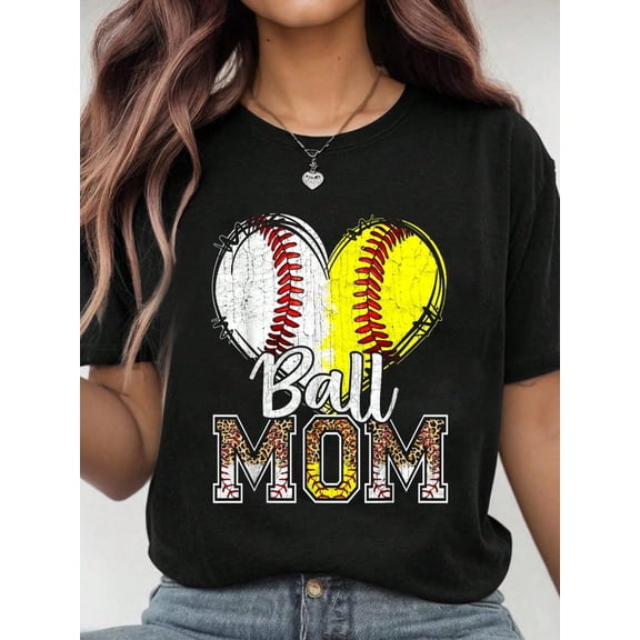100% Cotton Ball Mom Heart Baseball Softball Mama Women Mothers Day T-Shirt Women's Men's Graphic Tee Casual Tops