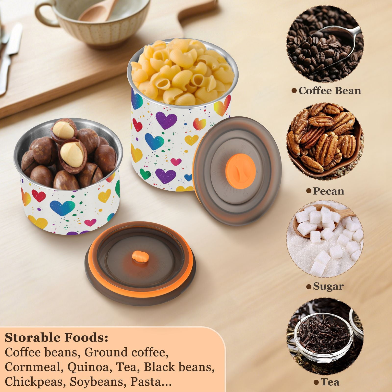 Rainbow Hearts Colorful Airtight Coffee Bean Canister 30oz Food Storage Containers with Lids For Gournd, Tea, Sugar, Flour, Rice, Cereal, Candy Cookie Jar