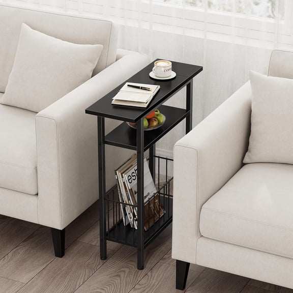Slim 3-Tier Side Table for Small Spaces, Black Narrow End Table with Storage, Tall Nightstand for Living Room Bedroom